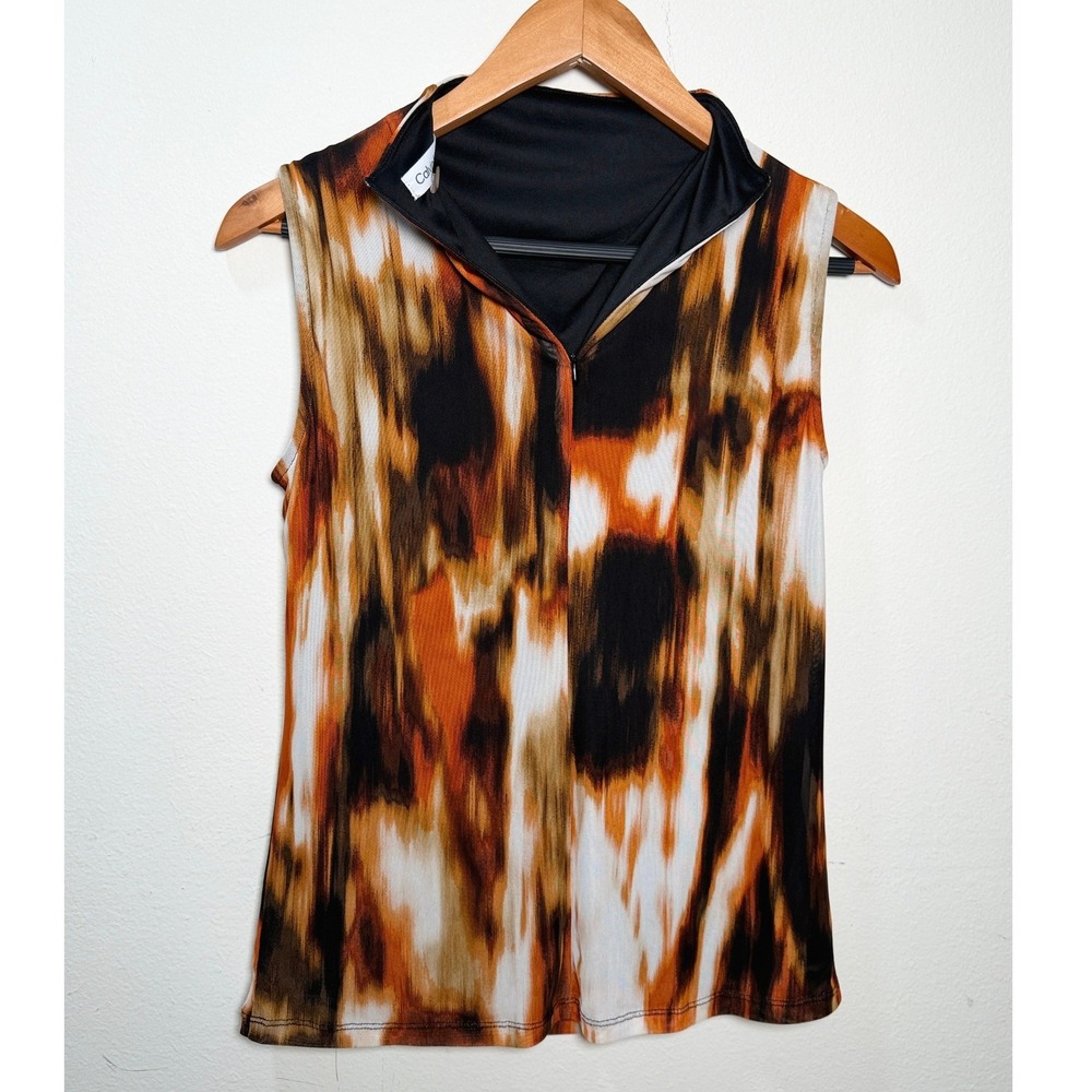 Calvin Klein Womens XS Abstract Mesh Mock Neck Draped Sleeveless Shell Blouse - Picture 2 of 7